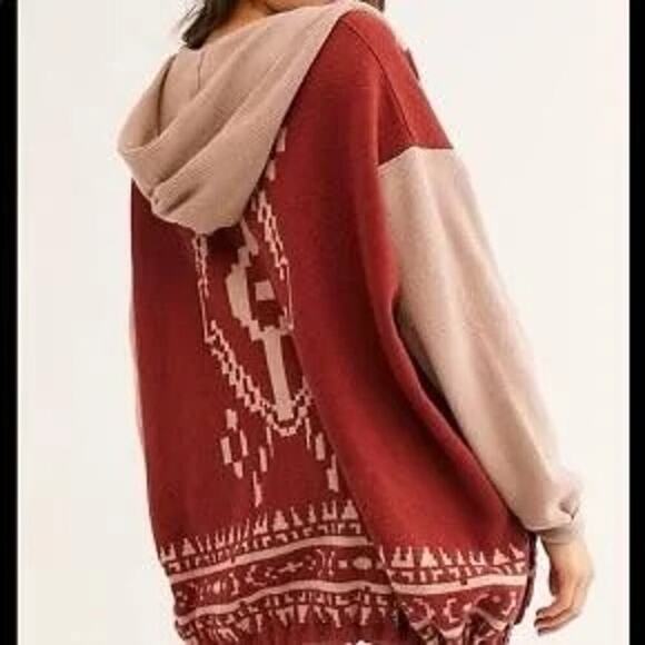RARE Free People Autumn Trek Cardigan Open Knit Hooded Aztec Red Pink XSmall - Picture 1 of 11